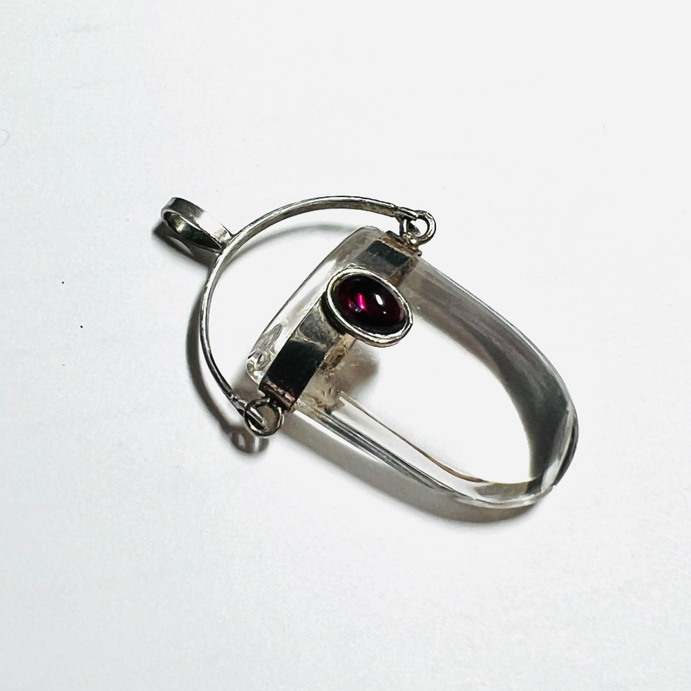Crystal Quartz Pendant, Sterling Silver & Garnet Cabochon, Talisman, Boho - Picture 4 of 9